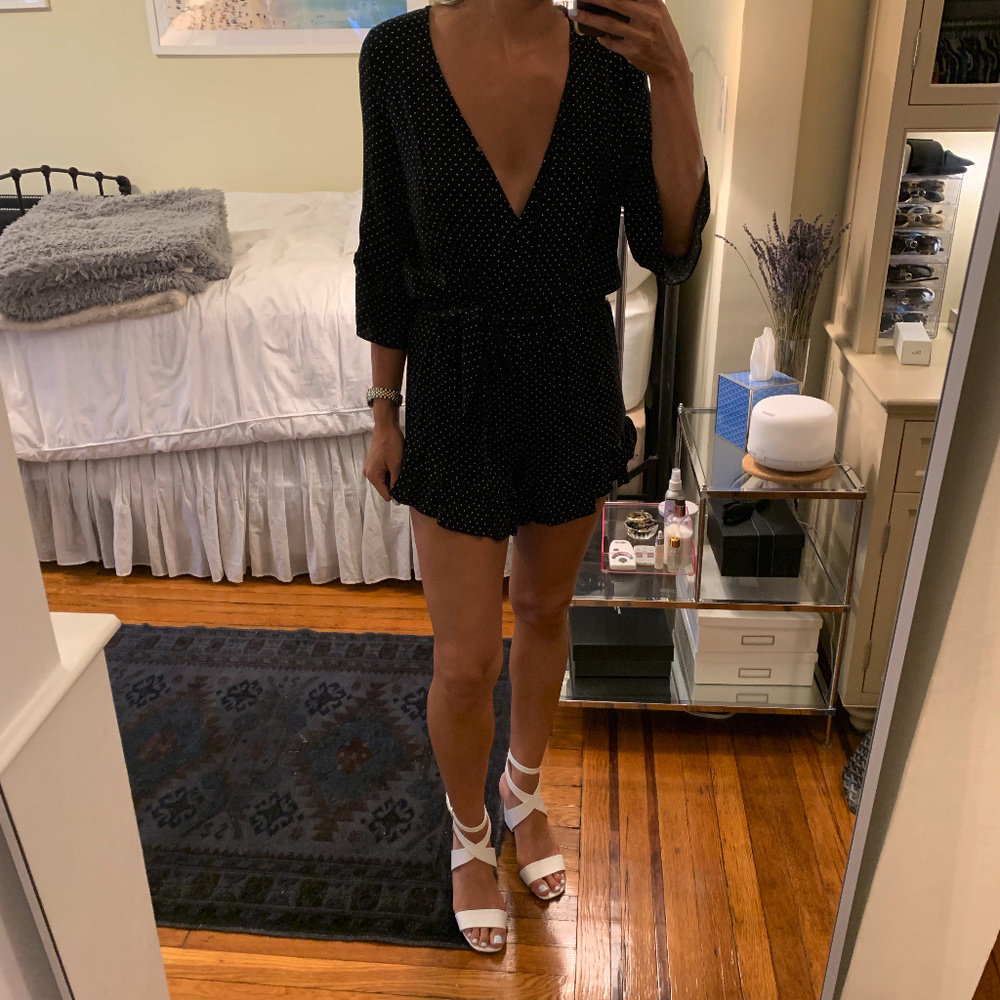 Who What Wear Polka Dot Romper Black White w/ Belt